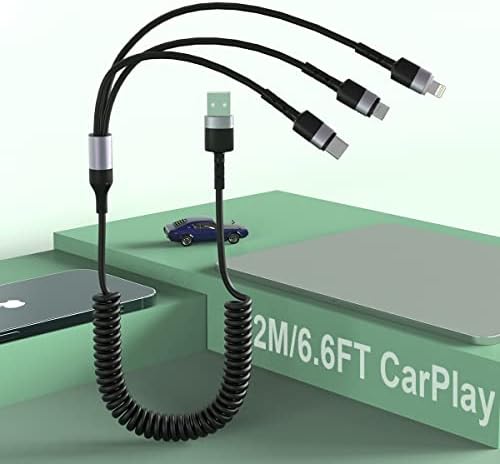 2 M / 6.6 Ft Çok 3 in 1 USB Evrensel Sarmal iPhone şarj kablosu için CarPlay, yıldırım + Tip C + mikro USB Uzun Bahar