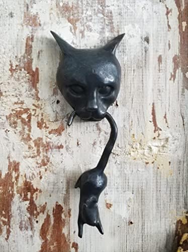 Anatolica Kedi ve Fare Kapı Tokmağı, Prinç, 8,3 inç, Ön Kapı Süsü, Siyah Oksit