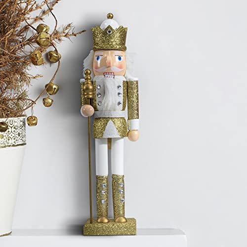 KI Mağaza Beyaz ve Altın Noel Fındıkkıran 15 İnç 4 Set Ahşap Kral ve Asker Fındıkkıran Heykelcik Ekran Seti Noel