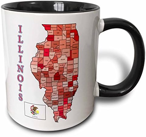 3dRose Bayrağı ve Illinois Eyaletinin Haritası İlçeler Renkli ve Adlandırılmış iki tonlu Kupa, 11 oz, Siyah