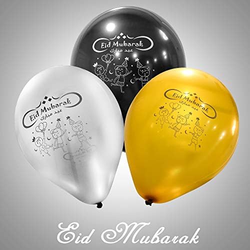 Eid Mubarak Lateks Balonlar 3 Çeşitli Renkler Siyah, Altın ve Gümüş (25 Balon)