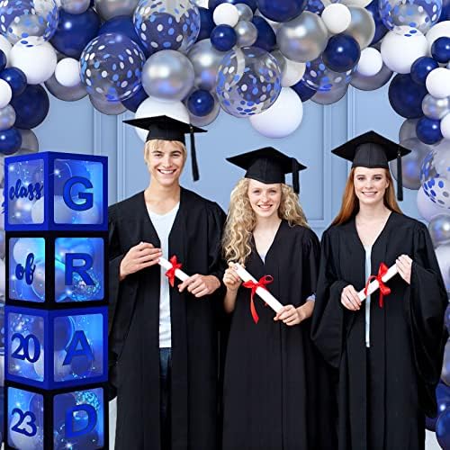 140 Adet Mezuniyet Partisi Süslemeleri 2023 Balon Kutuları Kolej Okulu için Dize Işıklı Mavi ve Gümüş Balon Kemerli