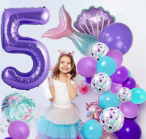 Mermaid Doğum Günü Dekorasyon-Mermaid 5th Balon Garland Kiti Dahil Denizkızı Kuyruğu Kabuk Folyo Lateks Balonlar