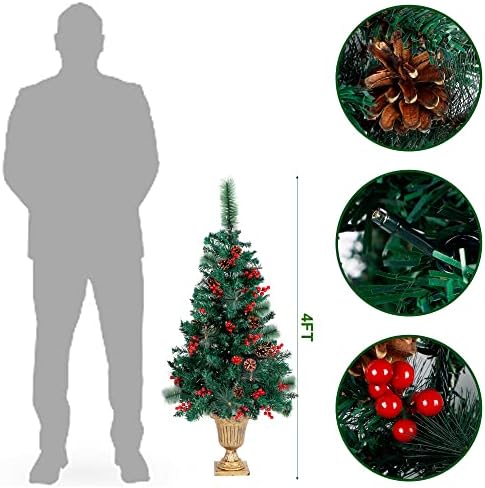 Juegoal 4 FT Noel ağacı, 120 LEDs peri ışıkları ile önceden aydınlatılmış Crestwood ladin giriş ağacı, çam kozalakları,