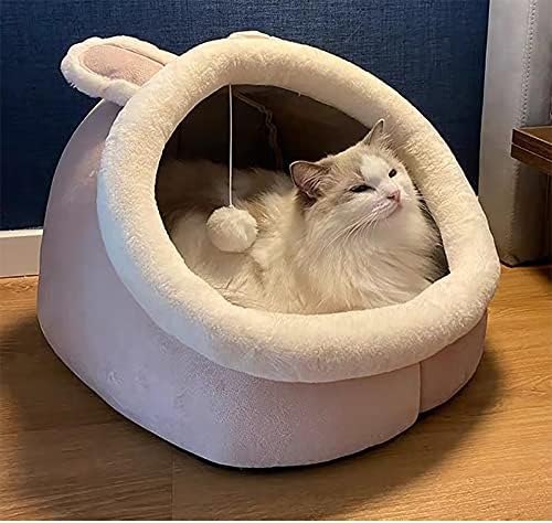 H & T Kediler için Yumuşak Sevimli Yatak, Rahat Minderli Kaymaz Tabanlı Kumaş ve Asılı Oyuncak Top (Küçük-31x30x28cm,