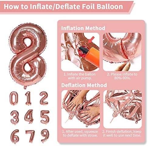 Dbmoon 40 Gül Altın Numarası 8 Balon için 8th Doğum Günü Parti Süslemeleri, büyük Kendini Şişirme Helyum Folyo Numarası