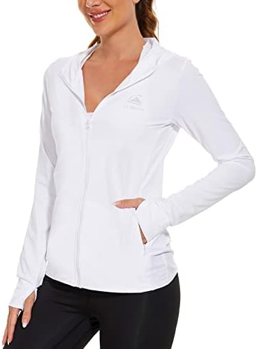 Kadın Uzun Kollu UPF 50 + Hoodie Gömlek Tam Zip Güneş Koruma UV Ceket Hafif Atletik Yürüyüş Fermuarlı Cepler
