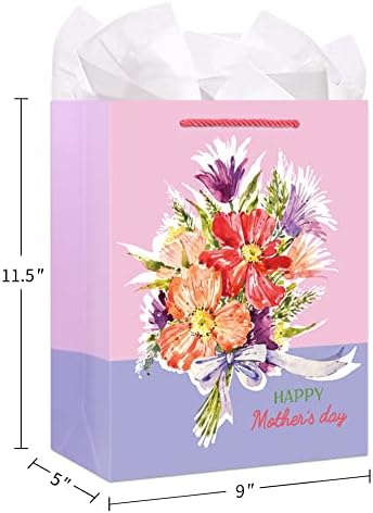 WaaHome Mutlu Anneler Günü Hediye Çantası Anne Kızı Oğlu, 11.5 Çiçek Anne hediye keseleri Kağıt Mendil ve Saplı,