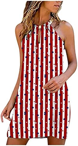 4th Temmuz Seksi Halter Elbiseler Kadınlar için Yaz Casual Mini Elbise ABD Bayrağı Kolsuz Anahtar Deliği Yıldız Çizgili
