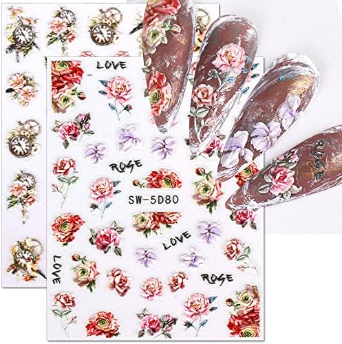 5D Kabartmalı Çiçek Tırnak Çıkartmalar Tırnak Sanat için Vintage Gül Kuş Saat Tırnak Çıkartmaları Kendinden Yapışkanlı