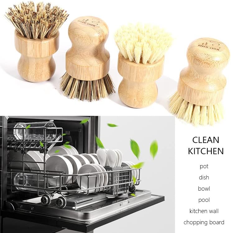 Palmiye Pot ve Kase Fırça, Bambu Sisal Temizleme Fırçası Seti 3 Mini Dayanıklı Fırçalayın Mutfak Temizliği için Seramik