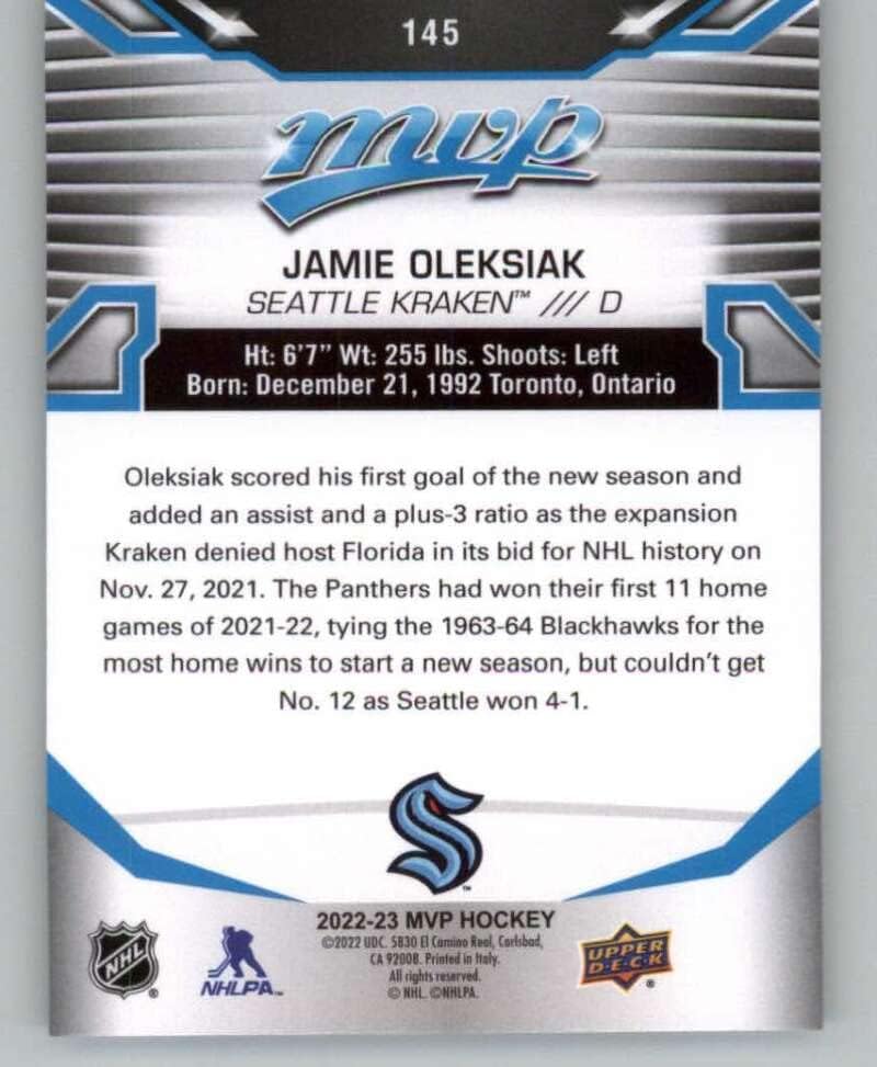2022-23 Üst Güverte MVP 145 Jamie Oleksiak Seattle Kraken NHL Hokey Ticaret Kartı