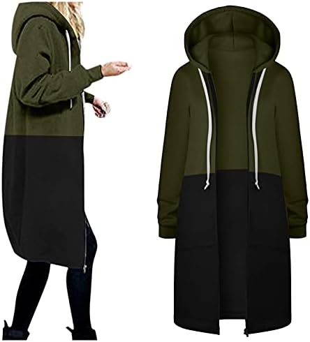 Bayan Kışlık Mont 2022 Renk Bloğu İpli Ceket Sıcak Zip Hoodies Kazak Uzun Ceket Moda Casual Dış Giyim