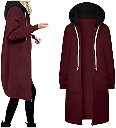 Bayan Kışlık Mont 2022 Renk Bloğu İpli Ceket Sıcak Zip Hoodies Kazak Uzun Ceket Moda Casual Dış Giyim