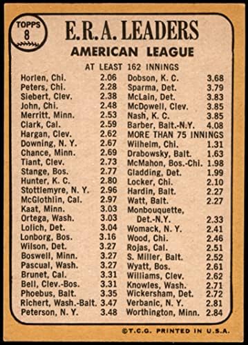 1968 Topps 8 A AL DÖNEMİ Liderleri Joe Horlen / Gary Peters / Sonny Siebert White Sox / Kızılderililer (Beyzbol